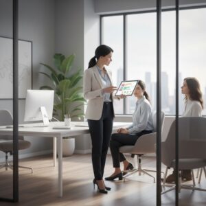 Professional woman delegating tasks using a tablet, clean office