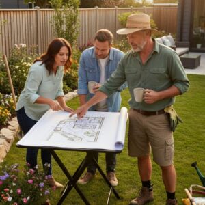 Man in gardening clothes discussing landscaping with two neighbors