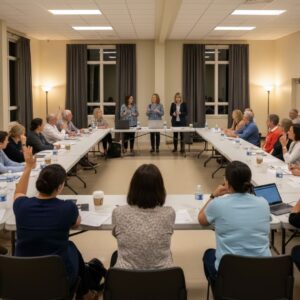 Homeowners actively participating in a lively, well-attended evening meeting