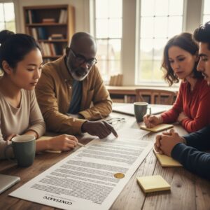 Diverse neighbors reviewing a legal-looking document on a wooden table