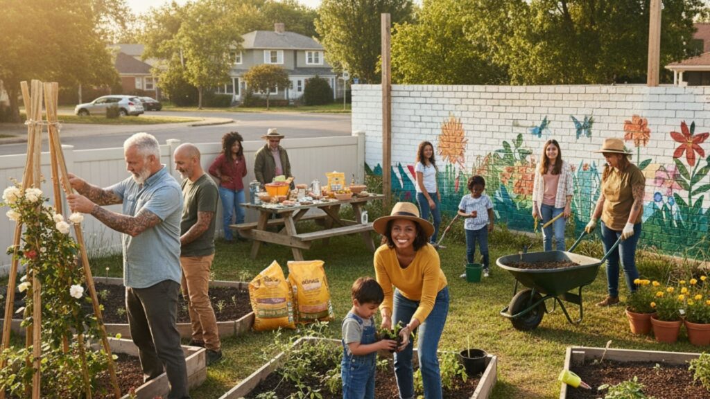 Diverse group of neighbors collaborating on a community project
