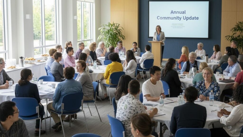 A diverse group of homeowners actively participates in a well-organized community association meeting in a modern setting.