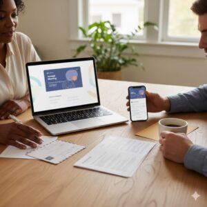 A close-up shows diverse communication tools, including an envelope and a tablet, representing multi-channel outreach.