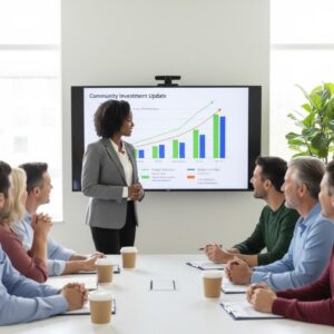 people sitting at table with coffee watching a presenter at a meeting