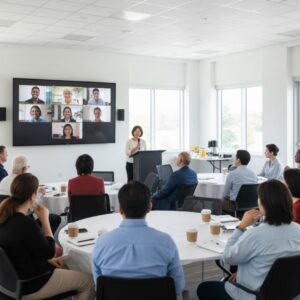 A clean conference room is set up for a hybrid meeting, showing chairs for in-person and a screen for virtual attendees.