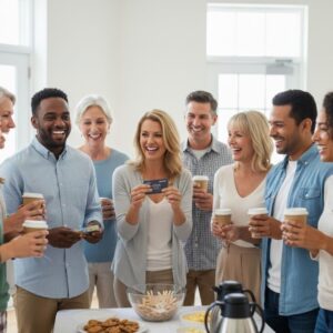 A professional display features light refreshments and beverages, suggesting a welcoming social event.