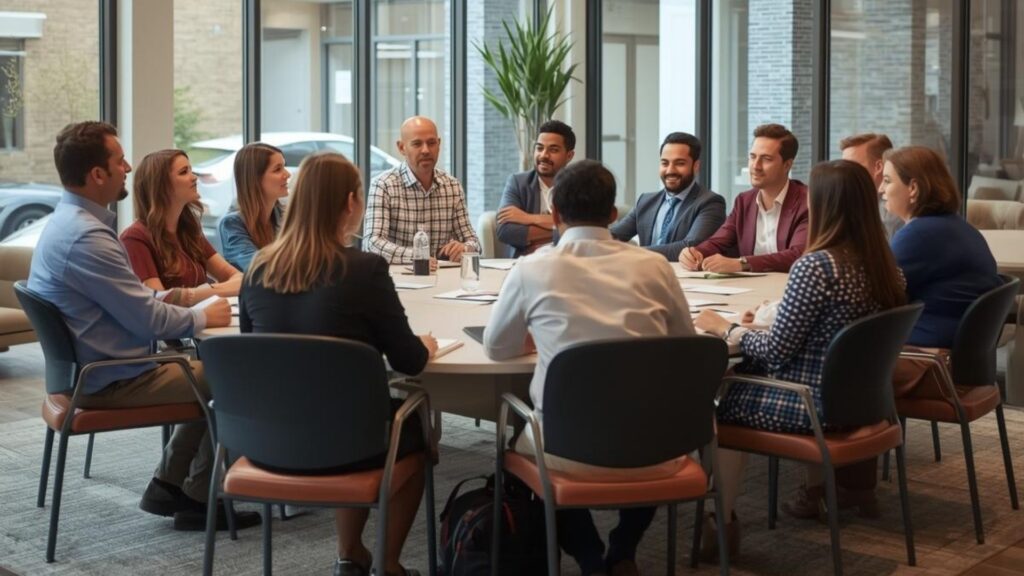 A diverse group of professionals sits around a conference table in a sunlit, modern community room discussing documents.