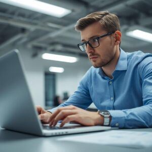 A professional person reviews financial data on a laptop screen in a clean, brightly lit office environment.