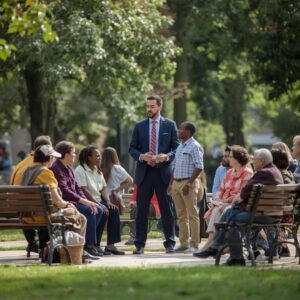 A professional manager engages in a friendly, neutral conversation with two people outdoors in a well-maintained neighborhood.