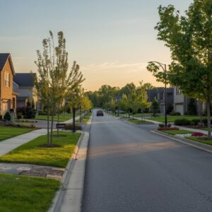 A clean and beautiful suburban street featuring modern homes and perfectly manicured green lawns under a clear sky.