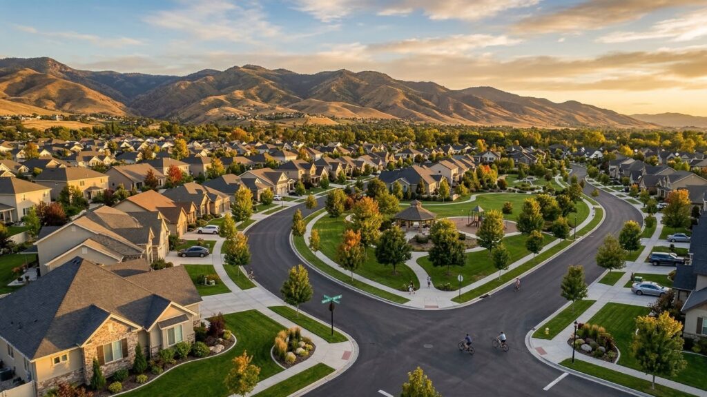 Aerial view of a beautiful, organized homeowners association neighborhood in Boise, Idaho.