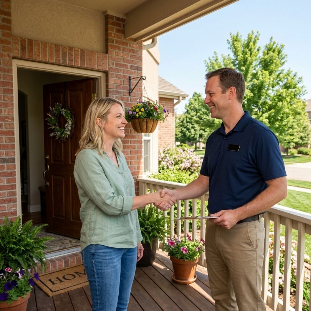A friendly community manager shaking hands with a happy homeowner