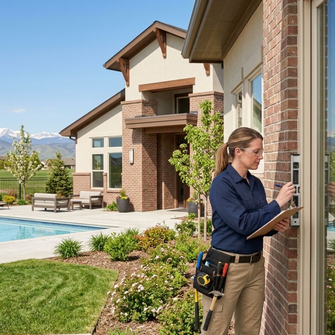 Maintenance professional inspecting an HOA community clubhouse exterior