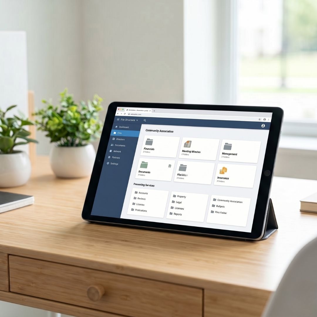 A tablet on a clean desk displaying organized digital files, including financial documents and meeting minutes.