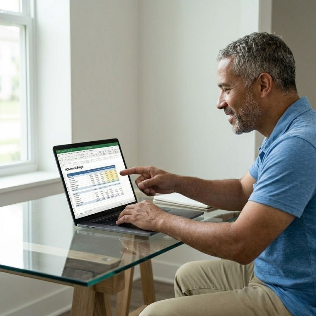An older community board member feels confident while reviewing a clear HOA annual budget spreadsheet on his laptop at home.
