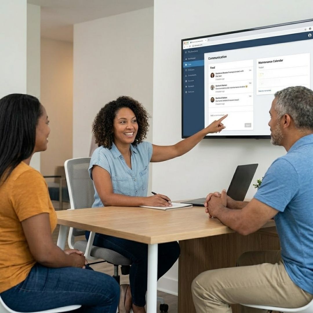 A community manager presenting streamlined communication tools and a maintenance calendar on a large screen to board members in a transparent office setting.