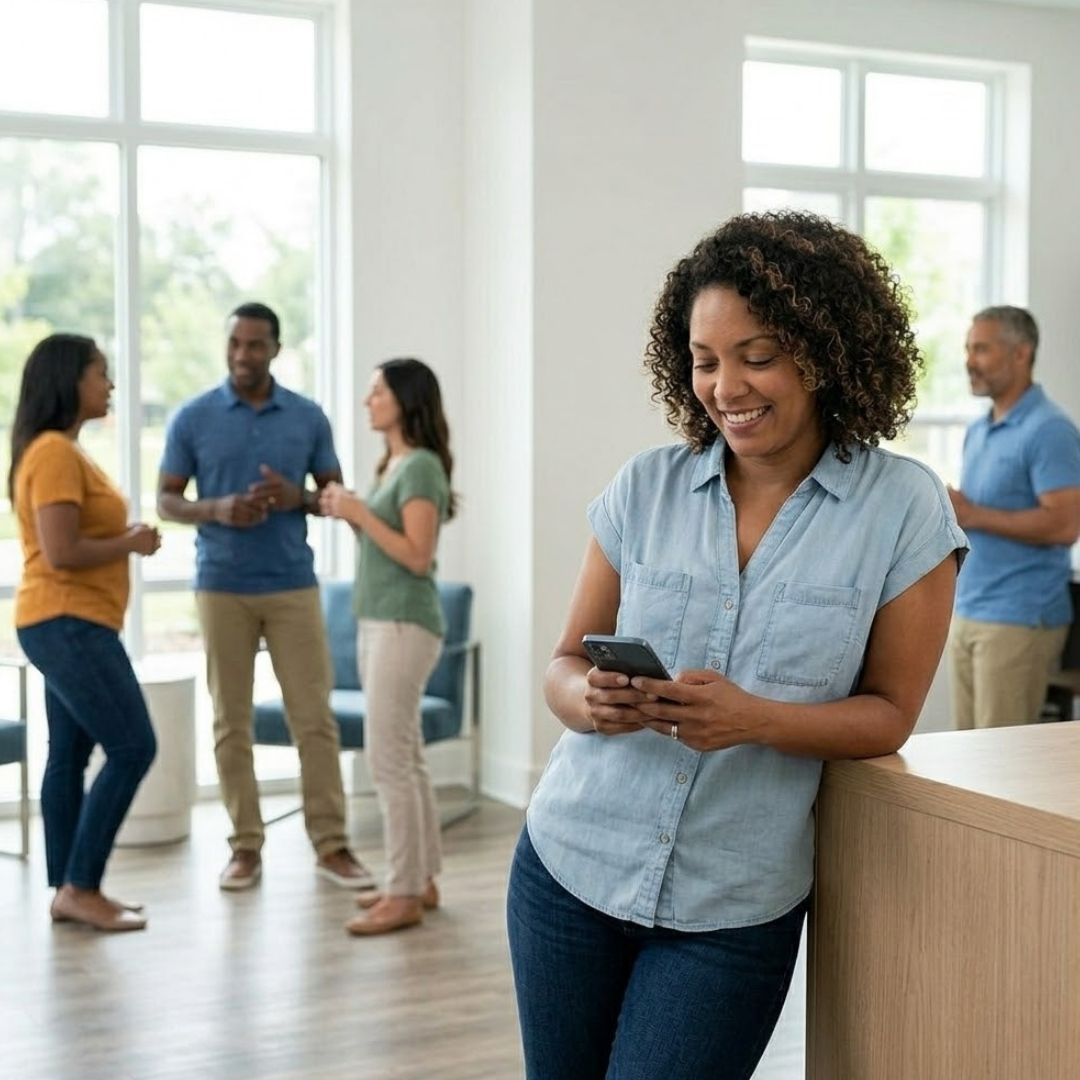 A property manager uses a smartphone dashboard while relaxing in a collaborative community clubhouse environment.