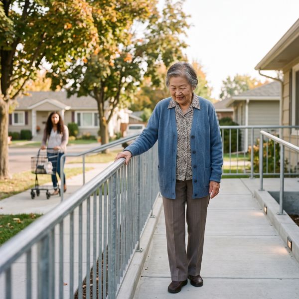 senior woman walking down ramp